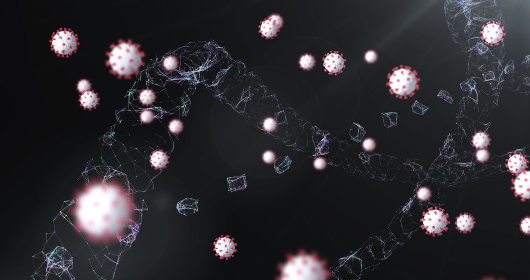 3D DNA Strand and Floating Coronavirus Cells in Dark Background