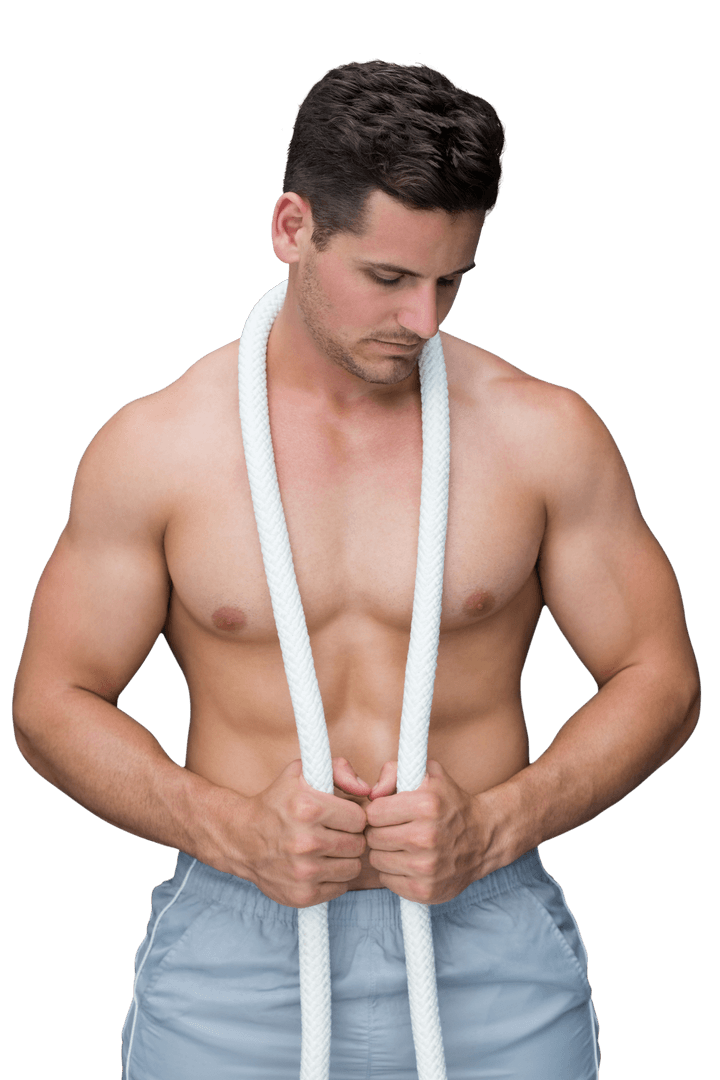 Strong Athletic Man Holding Rope on Transparent Background