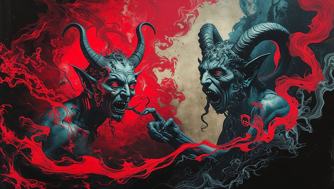 Demonic goat-headed creatures in surreal hell confrontation