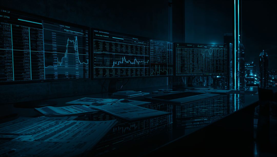 Futuristic Night Trading Workspace with Market Graphs