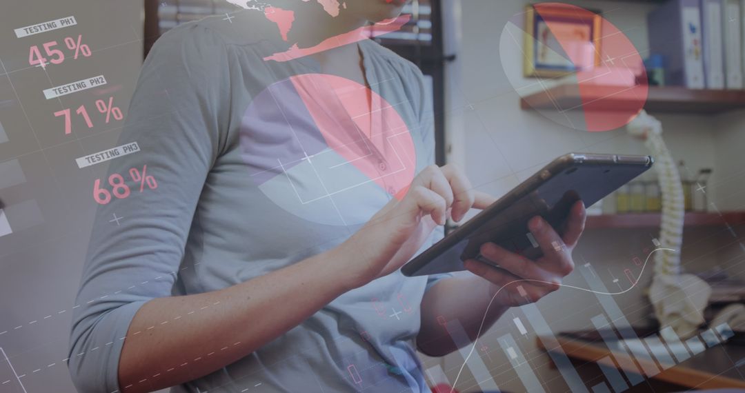 Infographic Interface with Woman Using Digital Tablet in Office