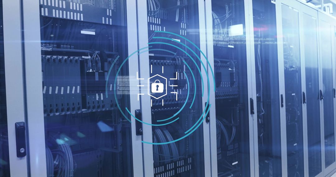 Digital Security Icons Over Server Racks