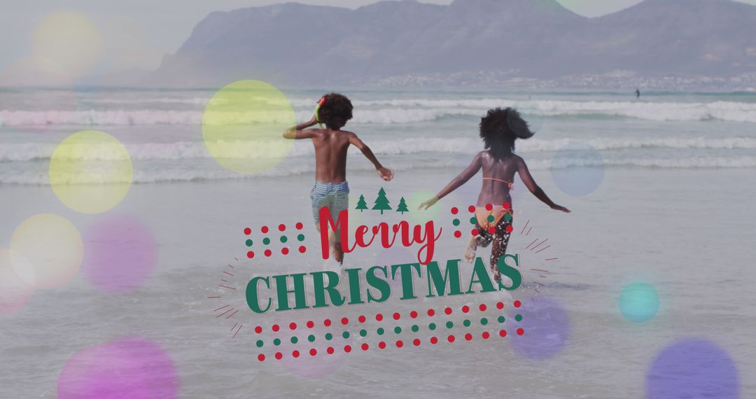 Joyful Beach Christmas with Siblings Running by the Sea