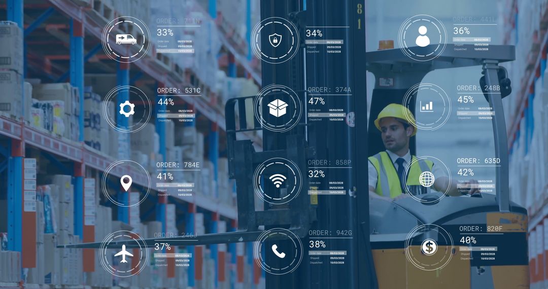 Warehouse Worker Operating Forklift with Logistics Data Display