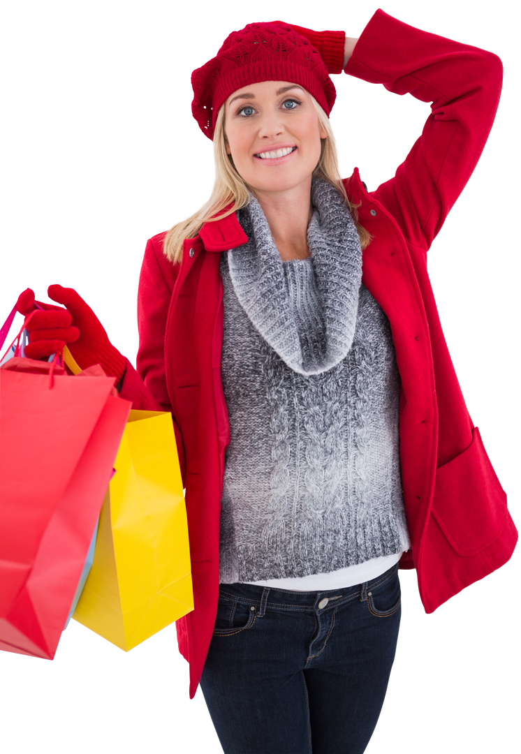 Blonde Woman in Winter Clothing with Shopping Bags on Transparent Background - Download Free Stock Images Pikwizard.com