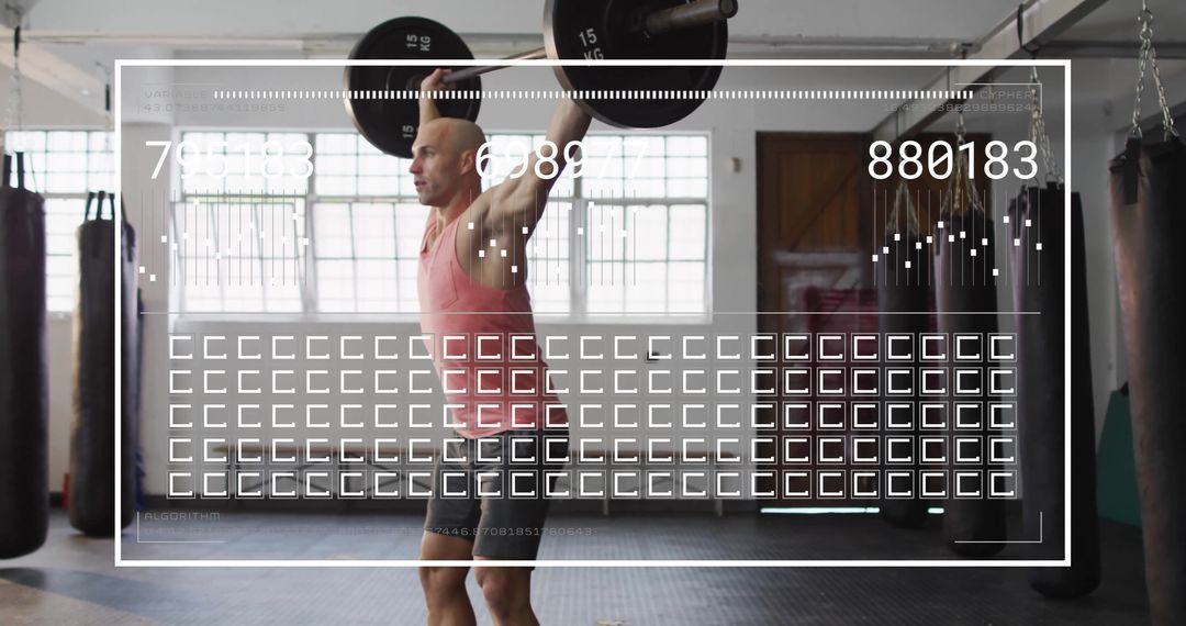 Caucasian Man Lifting Barbell in Gym with Digital Data Overlay
