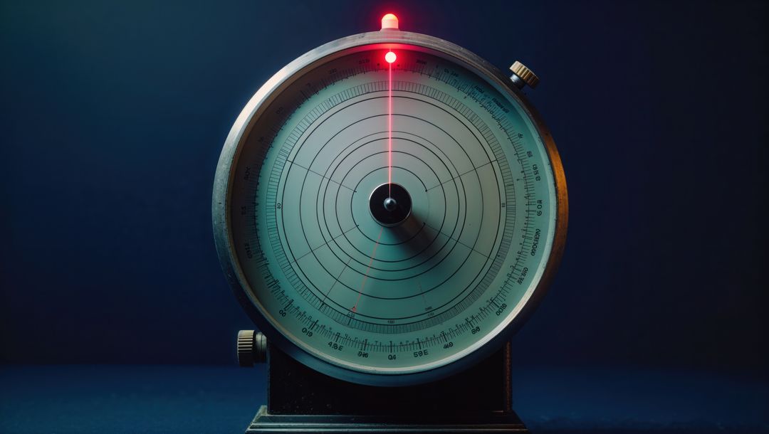 Precision dial instrument with red beam on blue background, seismograph concept