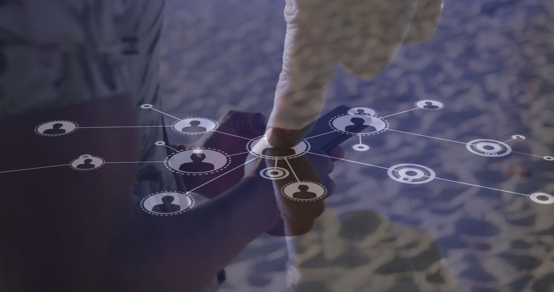 Hands Interacting with Digital Network Overlays on Beach