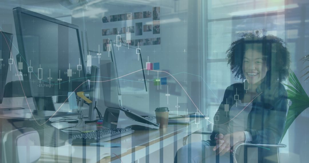 Woman Analyzing Financial Graphs in Modern Office Environment