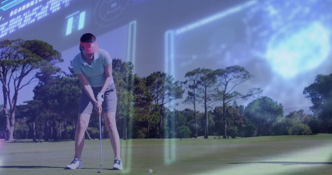 Female Golfer Prepares Putting Stroke on Lush Green Golf Course