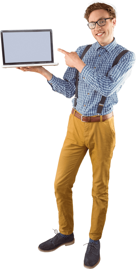 Transparent Geeky Businessman Presenting Laptop Screen Display