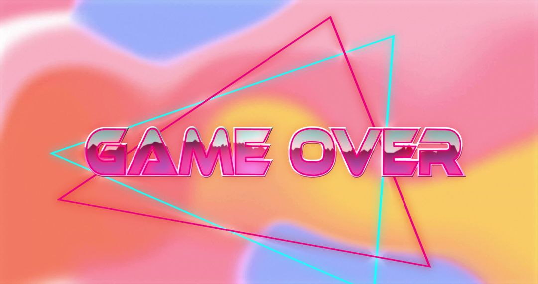 Glowing GAME OVER Text Floating over Pastel Gradient with Neon Geometric Triangles