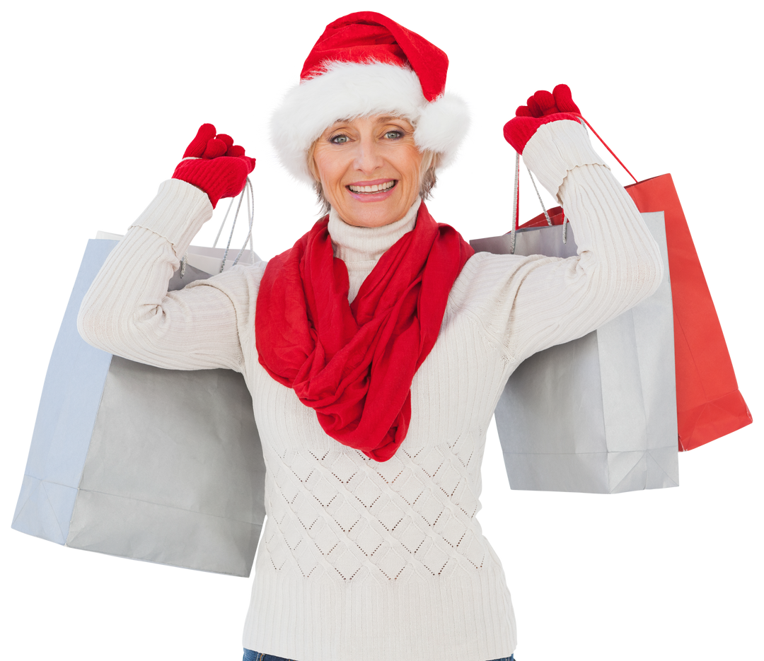 Happy Woman with Shopping Bags in Santa Hat on Transparent Background - Download Free Stock Images Pikwizard.com