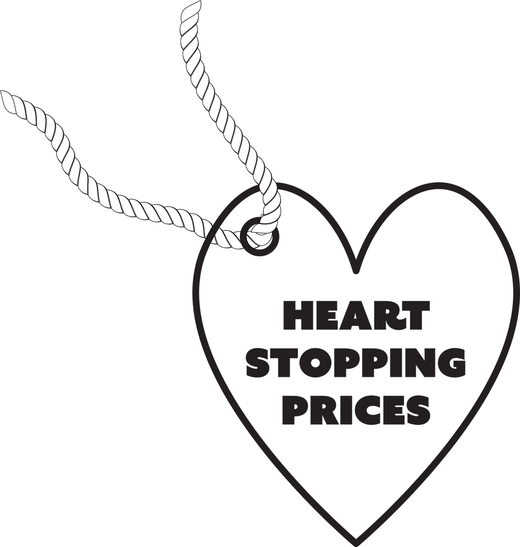 Heart Shaped Tag with Heart Stopping Prices on Transparent Background