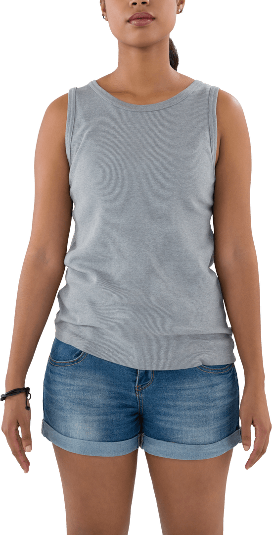 Young Woman in Transparent Gray Tank Top and Denim Shorts