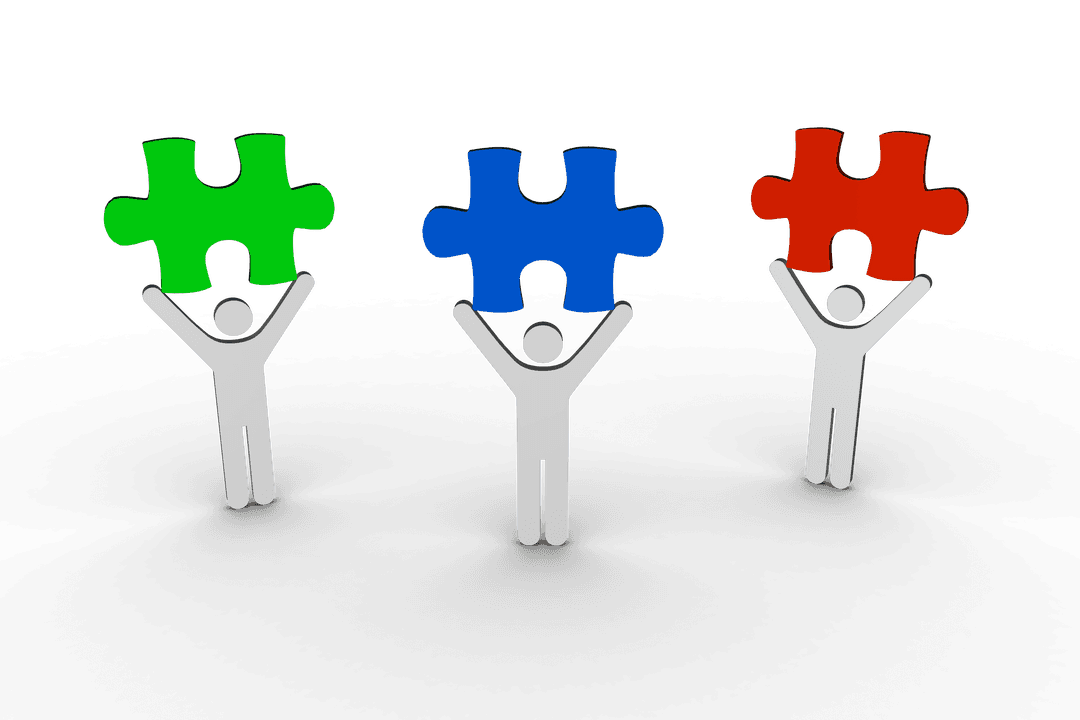 Figures Holding Colored Puzzle Pieces on Transparent Background