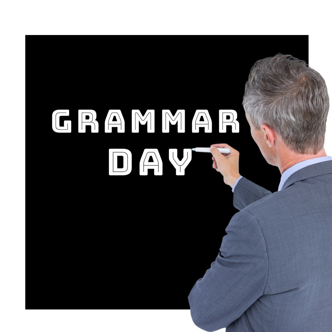 Man Writing Grammar Day on Board Indicating Focus on Education