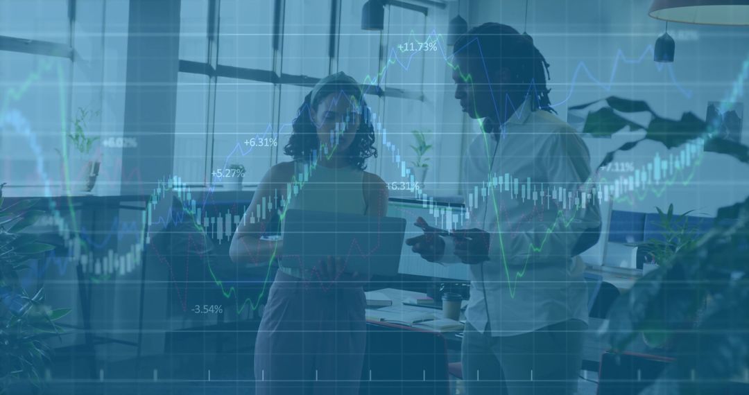 Professionals Discussing Stock Market Data in Modern Office Environment