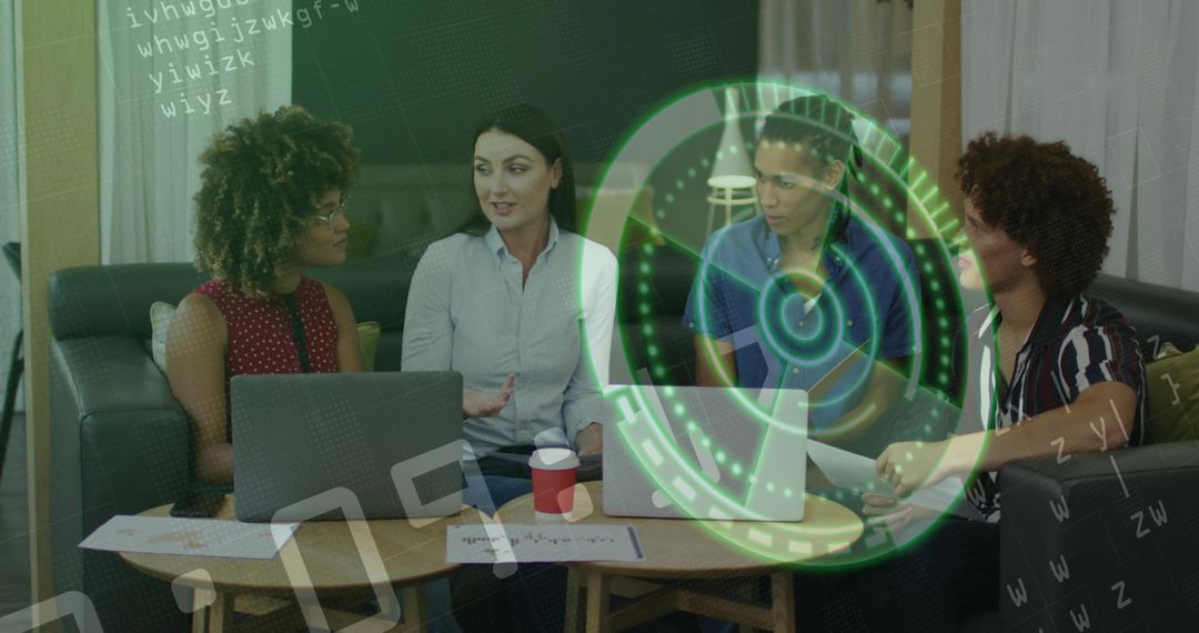 Team collaborating around laptops with futuristic HUD overlay brainstorming in lounge