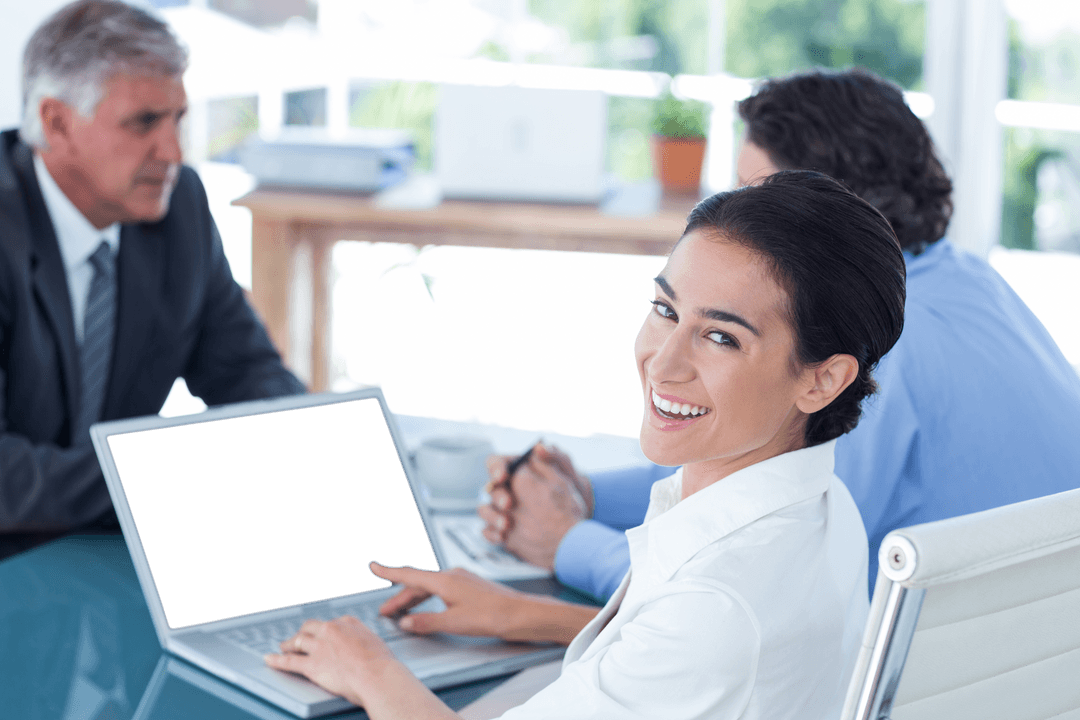 Smiling Businesswoman Displaying Transparent Laptop Screen in Modern Office