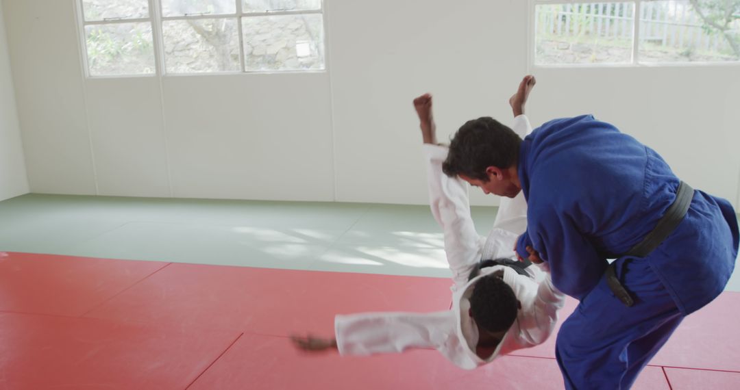 Martial Arts Training Session with Judo Practitioners Sparring - Free Images, Stock Photos and Pictures on Pikwizard.com