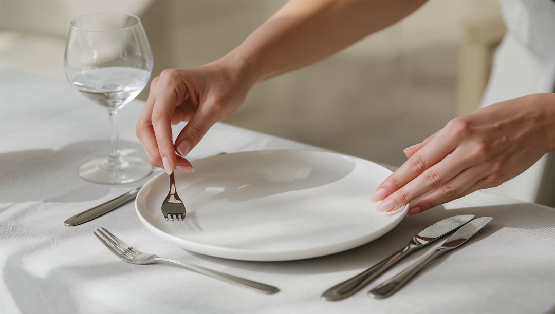Female Hands Adjusting White Plate and Salad Fork on Minimalist Elegant Table