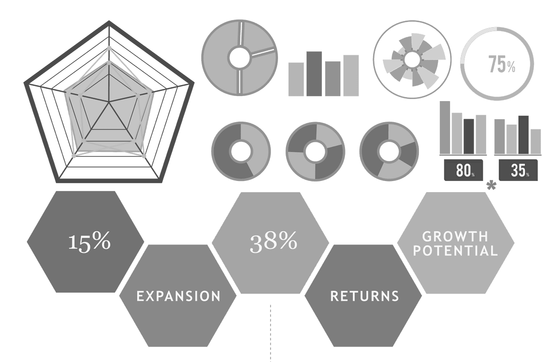 Transparent Analytical Infographic with Charts and Hexagons