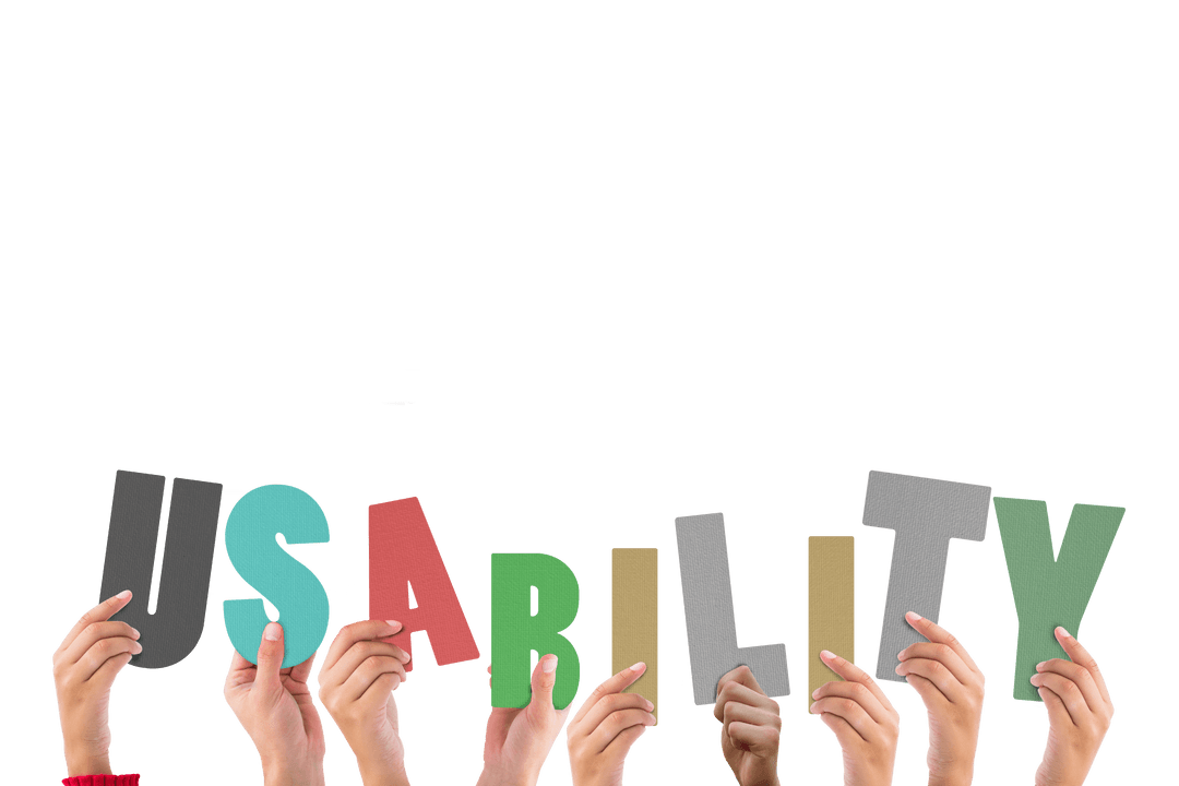 Diverse Hands Holding Usability Text on Transparent Background