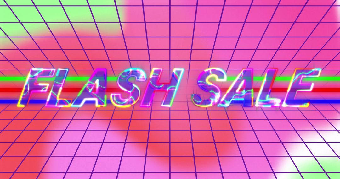 Neon Flash Sale with Holographic Text Over Retro Grid Plane