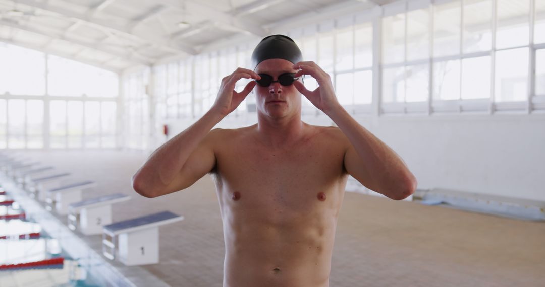 Focused Male Swimmer Adjusting Goggles Before Training in Indoor Pool - Free Images, Stock Photos and Pictures on Pikwizard.com