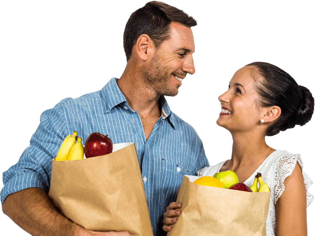 Joyful Couple Holding Grocery Bags, Transparent Background