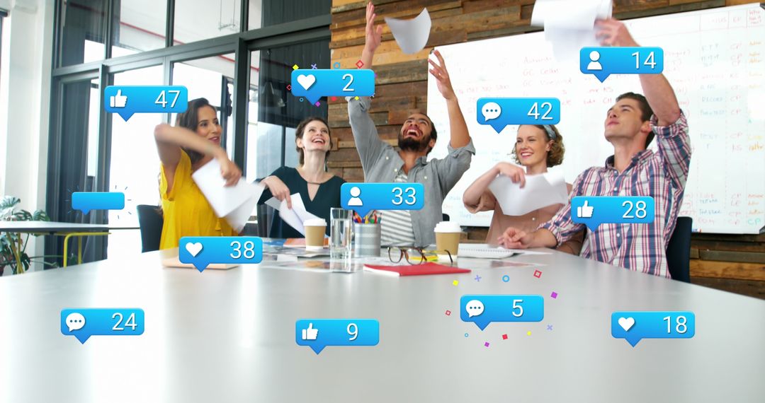 Diverse Team Engaging with Social Media Data in Modern Office