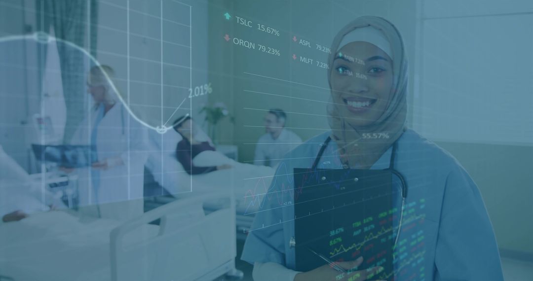 Smiling nurse with headscarf analyzing medical data in hospital ward