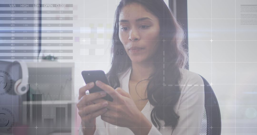 Businesswoman Analyzing Data on Smartphone with Virtual Interface