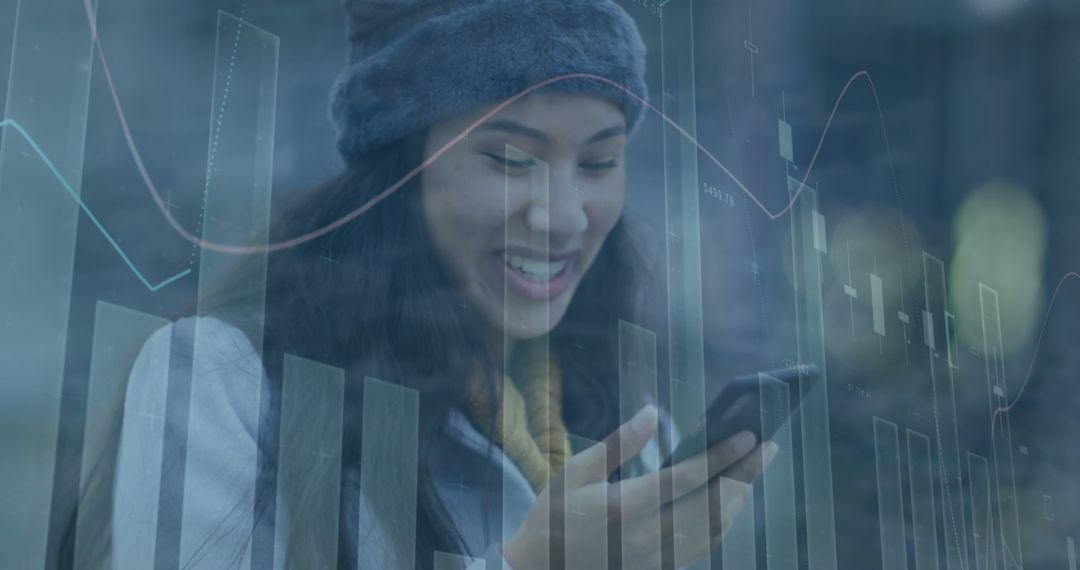 Smiling Woman with Graphical Business Overlay on Smartphone