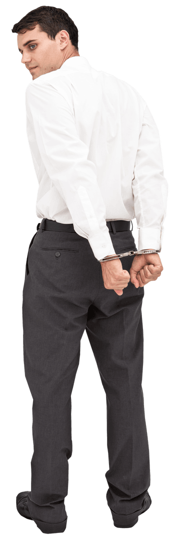 Handcuffed Caucasian Businessman Smiling on Transparent Background
