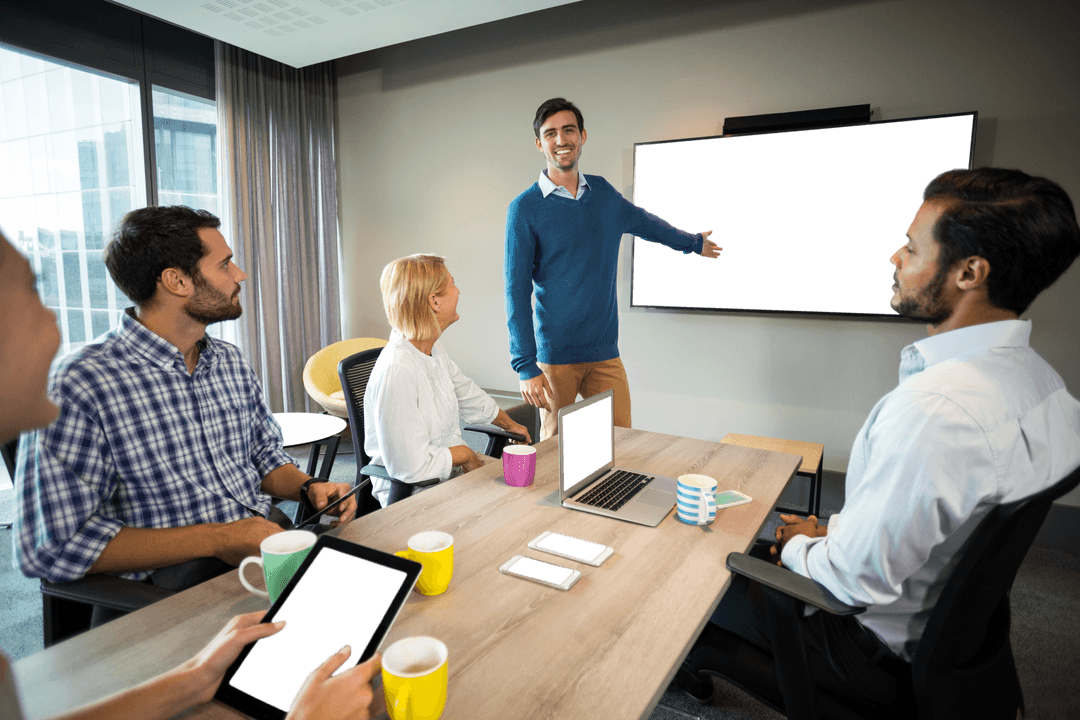 Businessman Giving Transparent Presentation in Modern Office