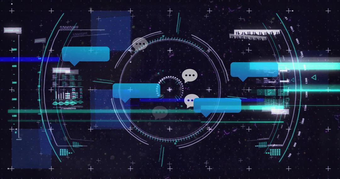 Rotating HUD Reticle with Floating Chat Bubbles and Neon Data Panels