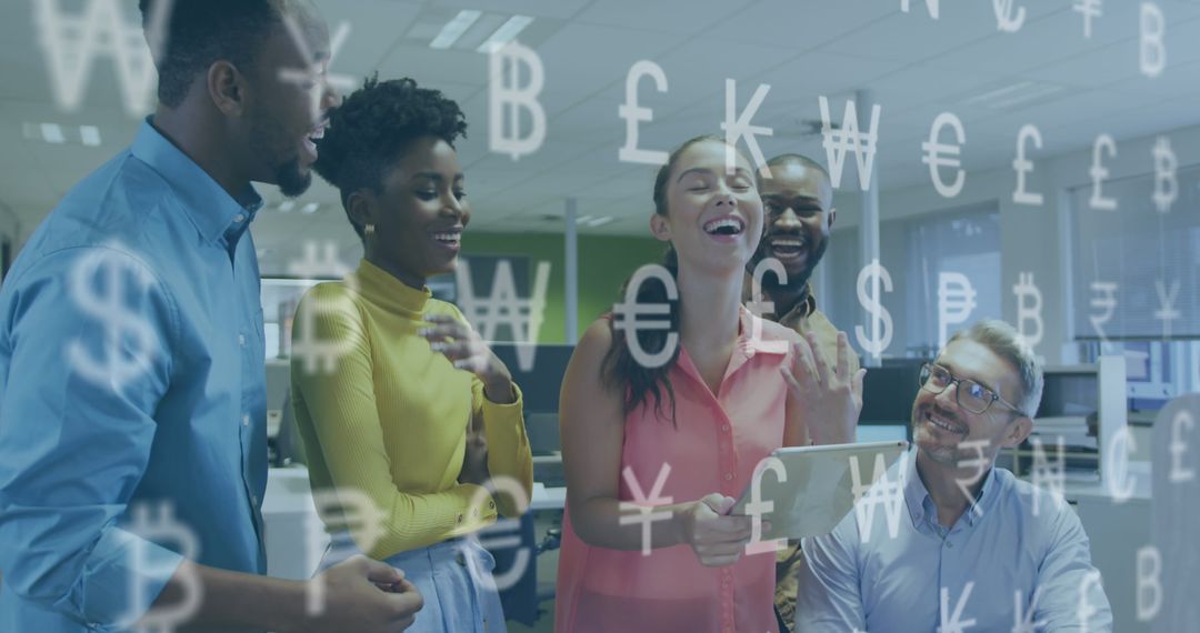 Diverse Team Analyzing Financial Data with Dynamic Currency Symbols
