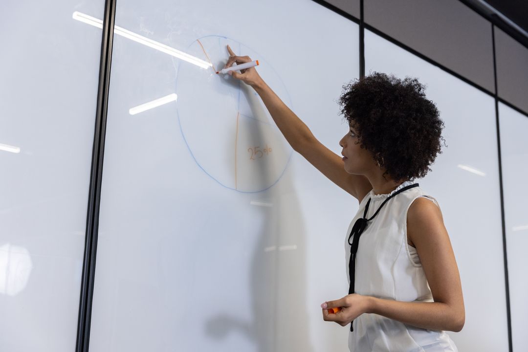 Woman Creating Colorful Pie Chart on Whiteboard in Modern Office Environment