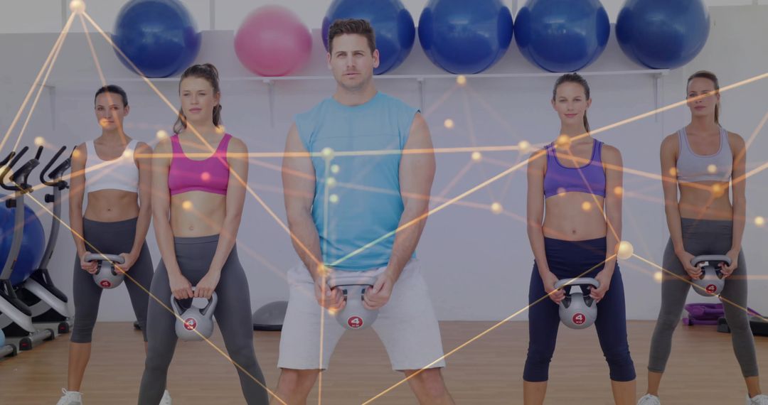 Group Kettlebell Training in Gym with Digital Nodes Overlay
