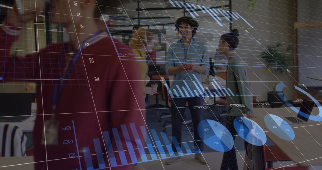 Financial Data Overlay on Busy Office Workspace