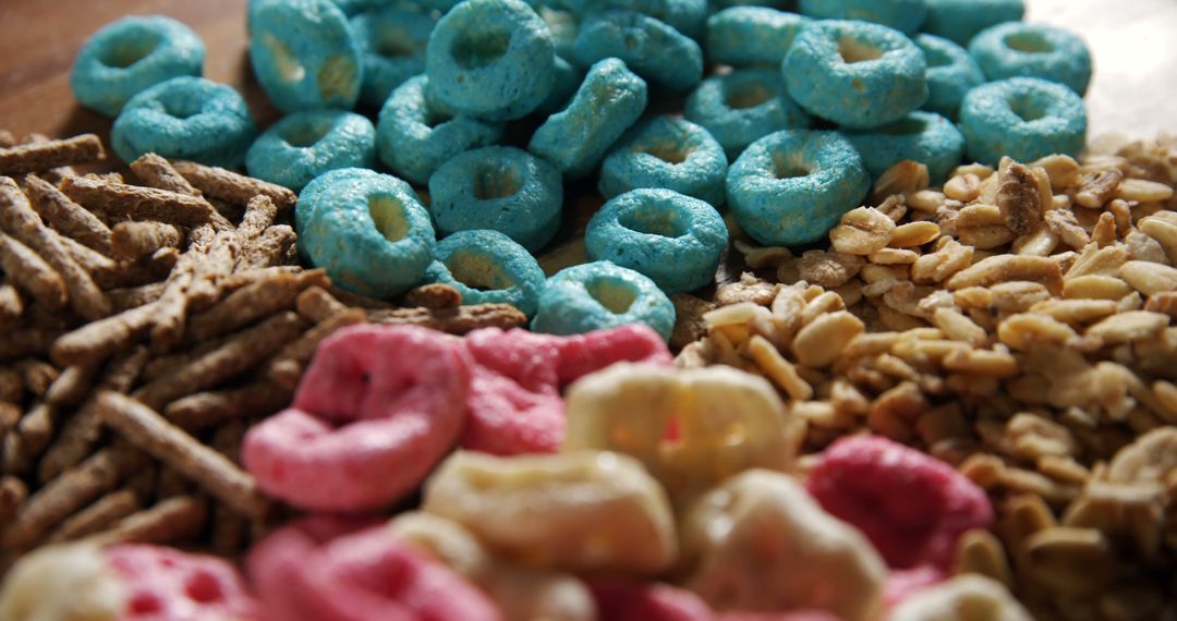 Assorted Breakfast Cereals Close-Up with Colorful Loops - Free Images, Stock Photos and Pictures on Pikwizard.com