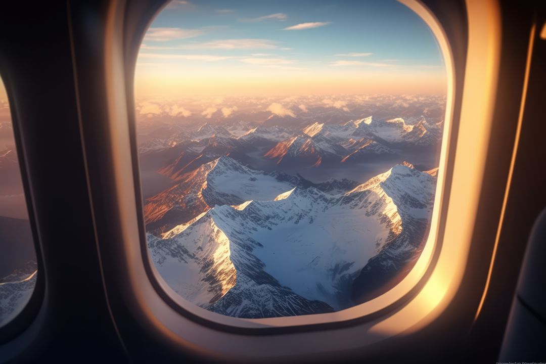 Aerial View of Snow-Capped Mountains from Airplane Window at Sunrise - Free Images, Stock Photos and Pictures on Pikwizard.com