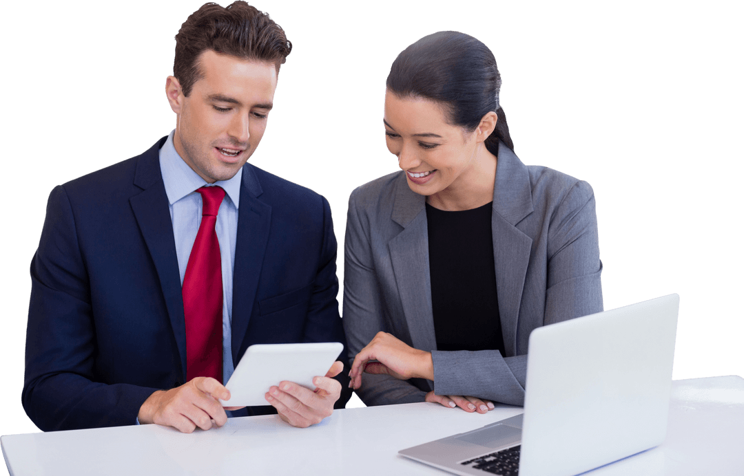 Smiling Executives Discussing Over Transparent Tablet