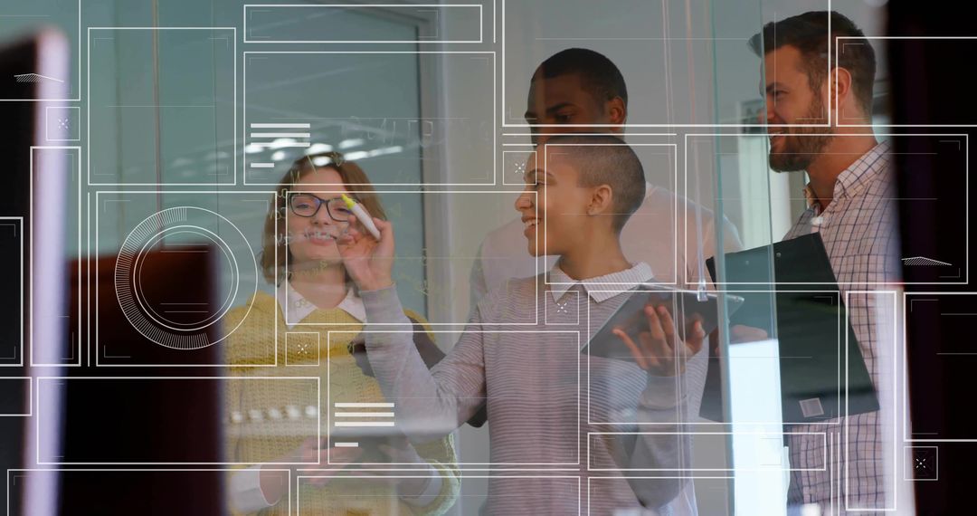 Diverse Team Collaborating on UX Design with Glassboard Presentation