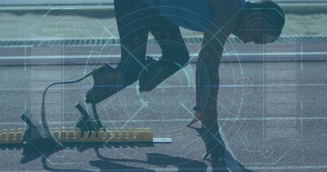 Athlete with Prosthetic Leg Running with Futuristic HUD Overlay