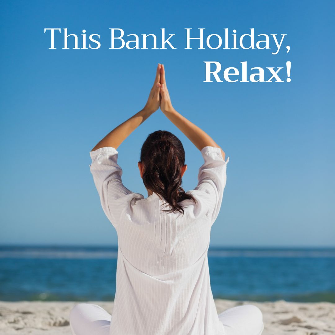 Woman Practicing Yoga on Beach with Inspirational Holiday Message