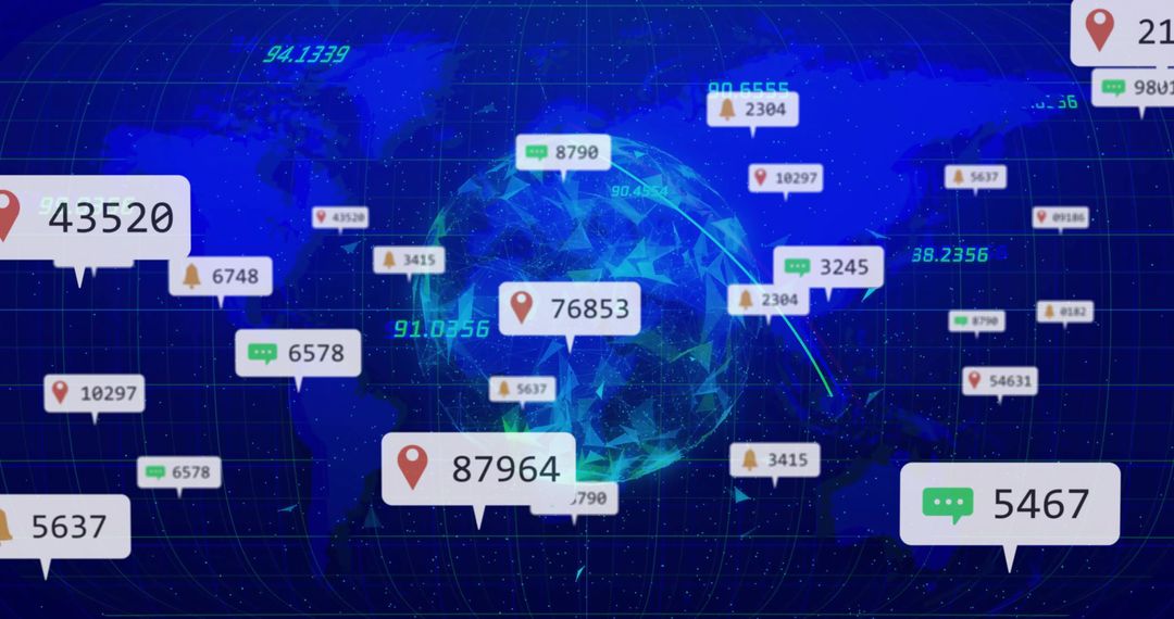 Digital Globe with Pins and Data Points Overlaying Neon Grid Map