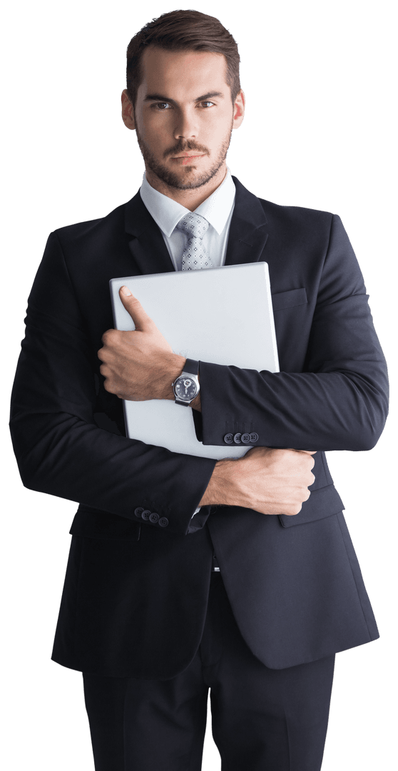 Confident Businessman Holding Laptop with Transparent Background